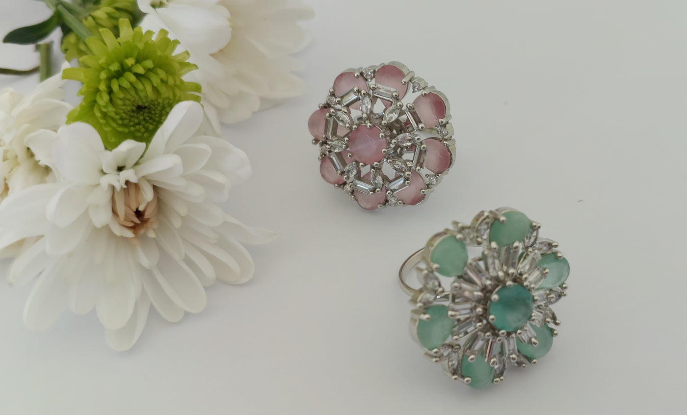 Hexa Bloom Vintage Statement Ring – Floral Crystal Design