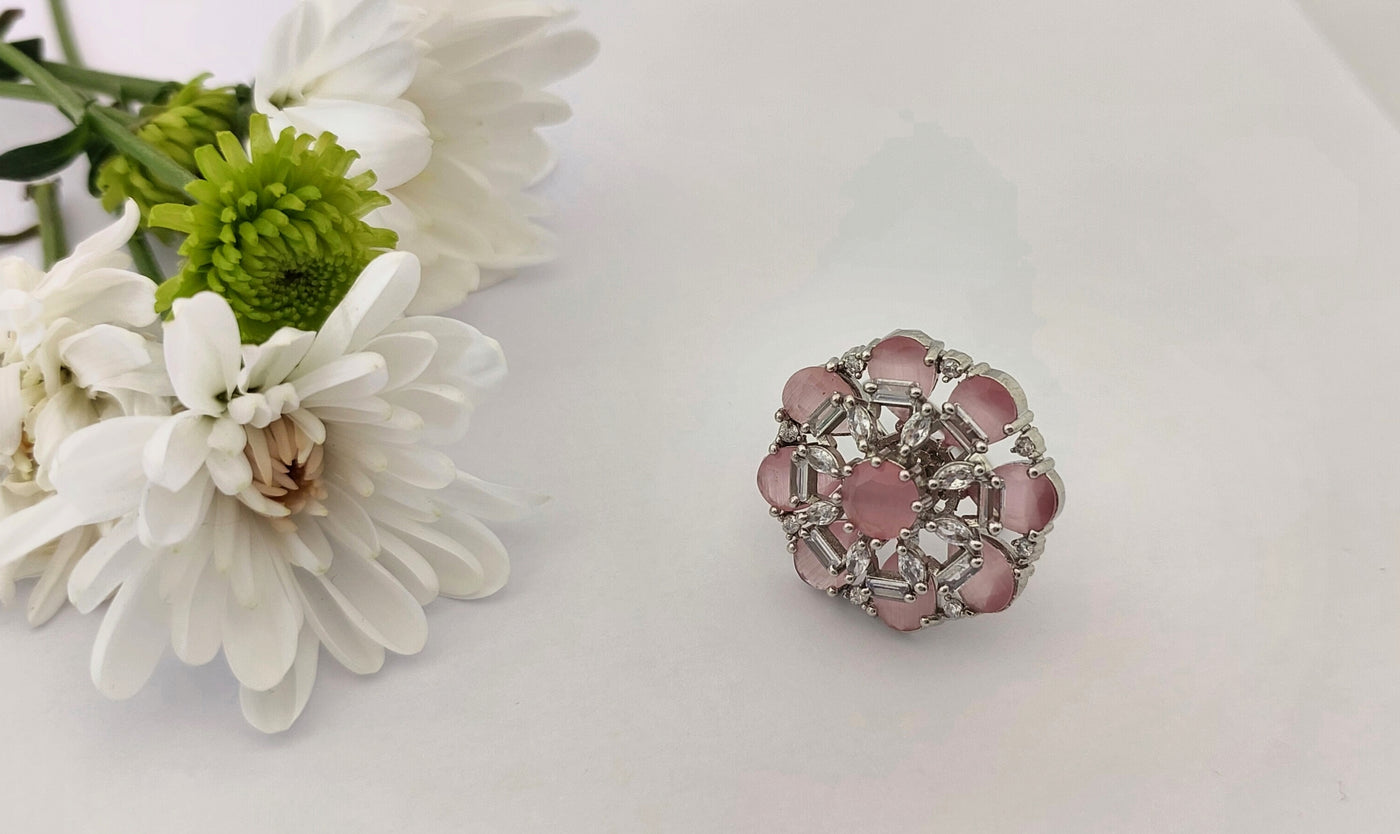 Hexa Bloom Vintage Statement Ring – Floral Crystal Design